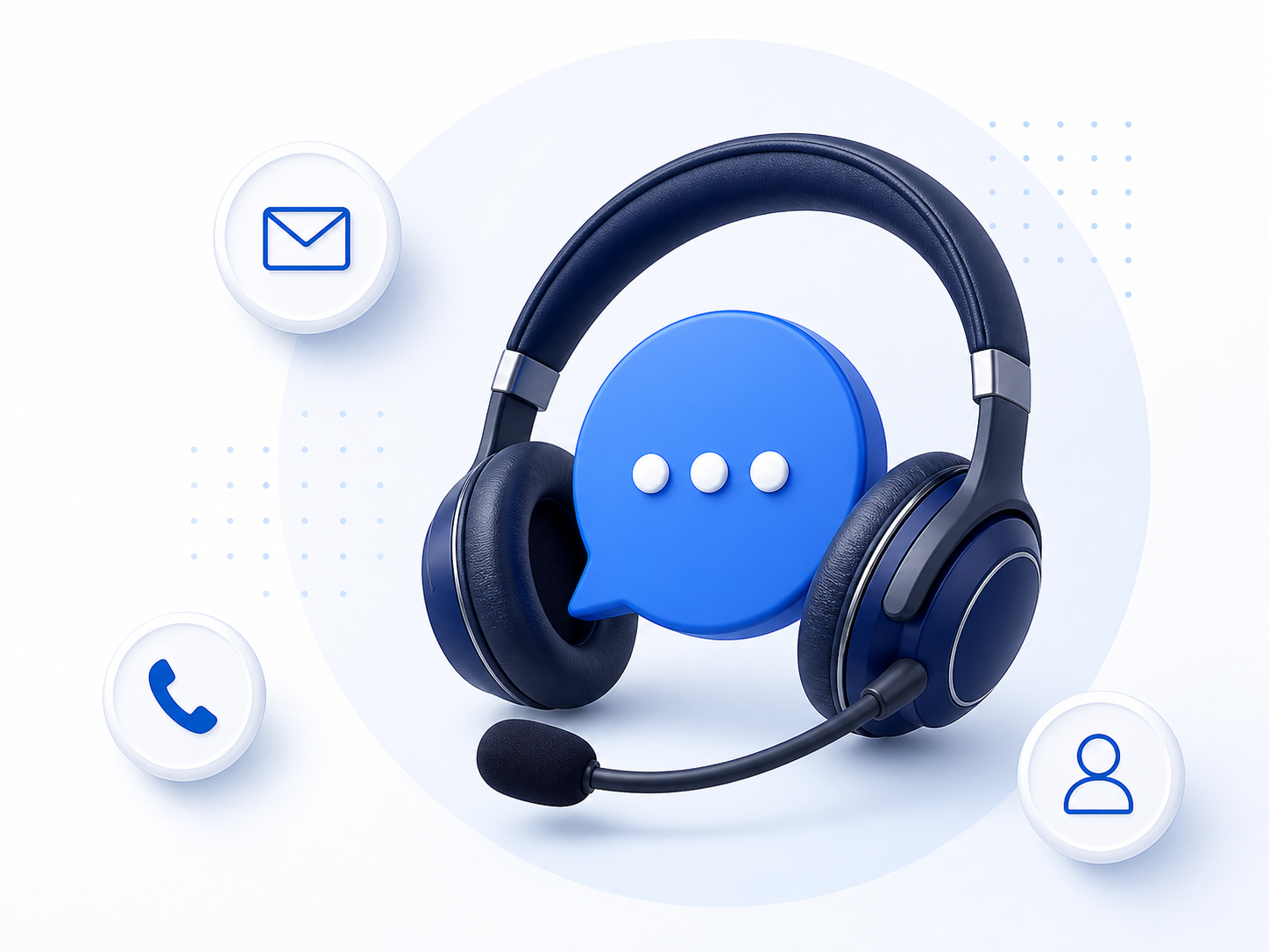 Customer support headset with phone, email, and live chat symbols